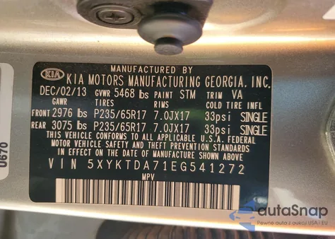 2014 Kia Sorento Lx из США, поврежденный, VIN 5XYKTDA71EG541272